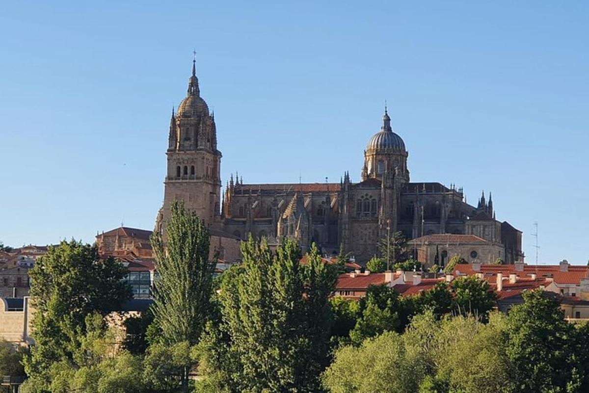 a large building with two towers and trees