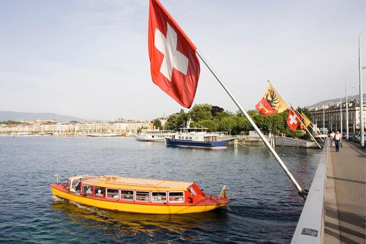 a boat in the water with a flag