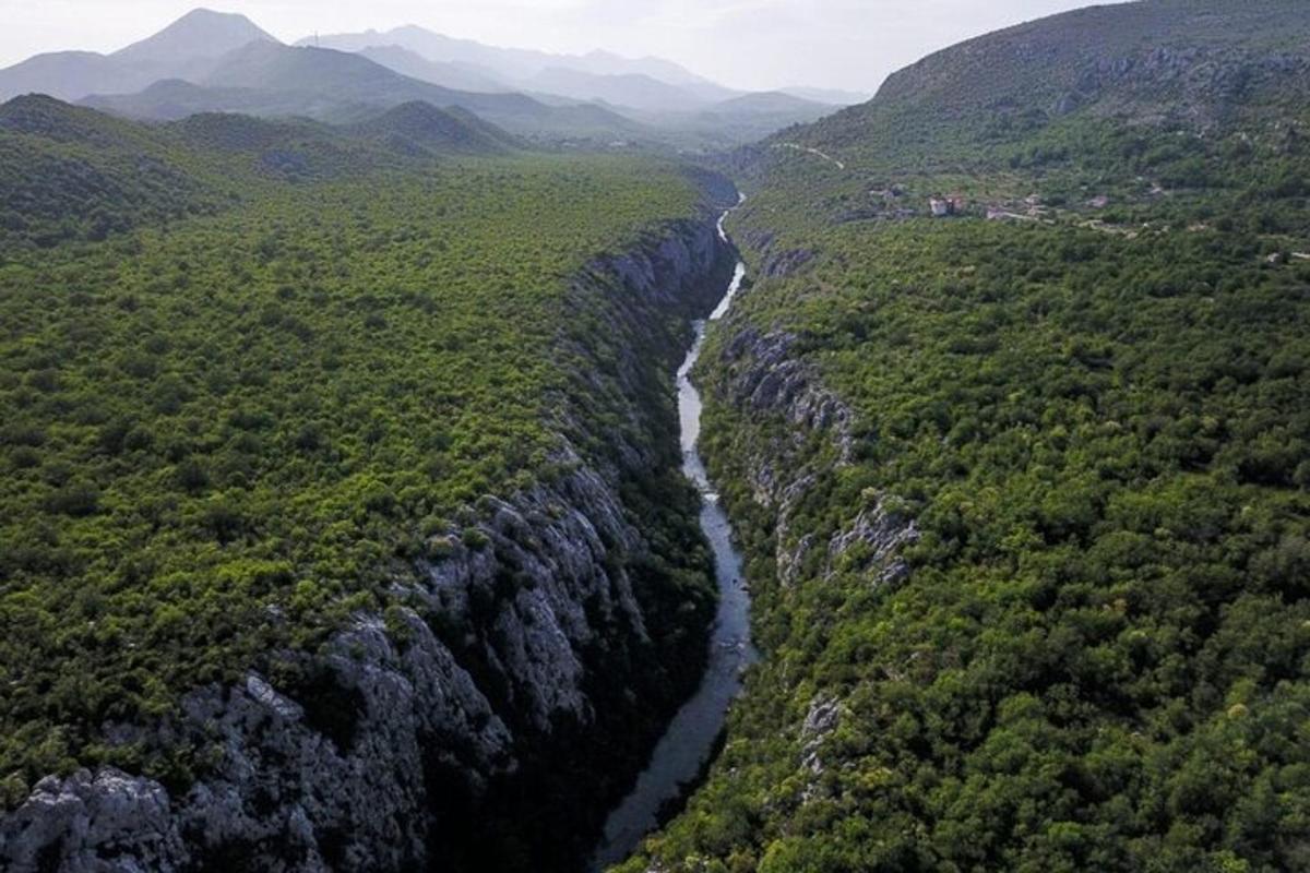 an aerial view of a river in a valley