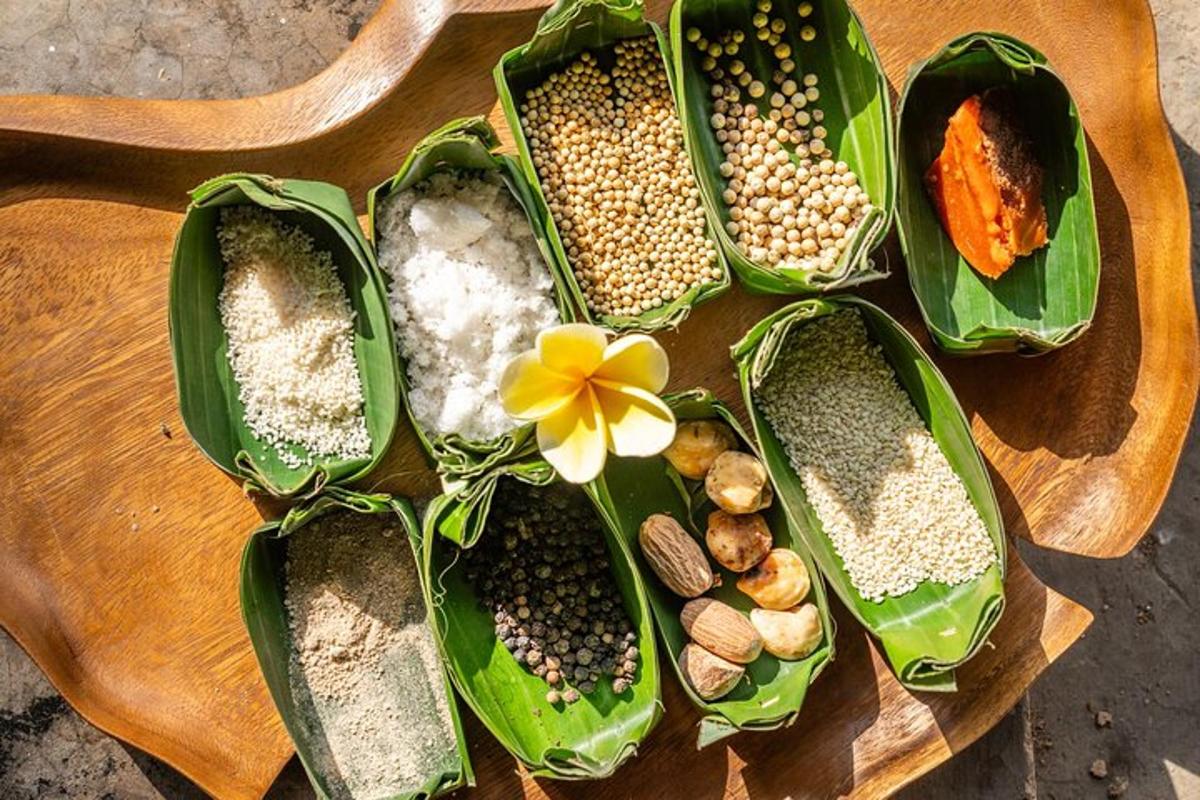 a group of green containers filled with seeds and nuts