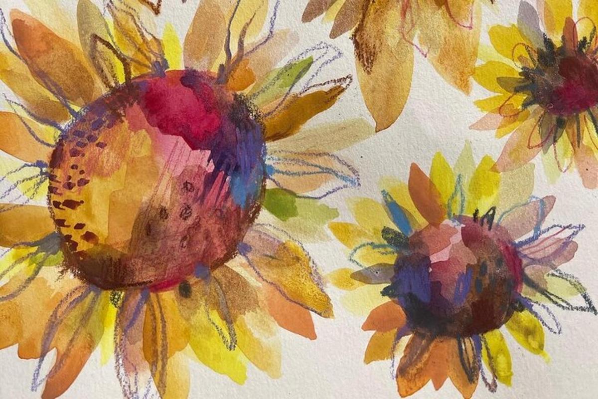 un dipinto di girasoli su uno sfondo bianco