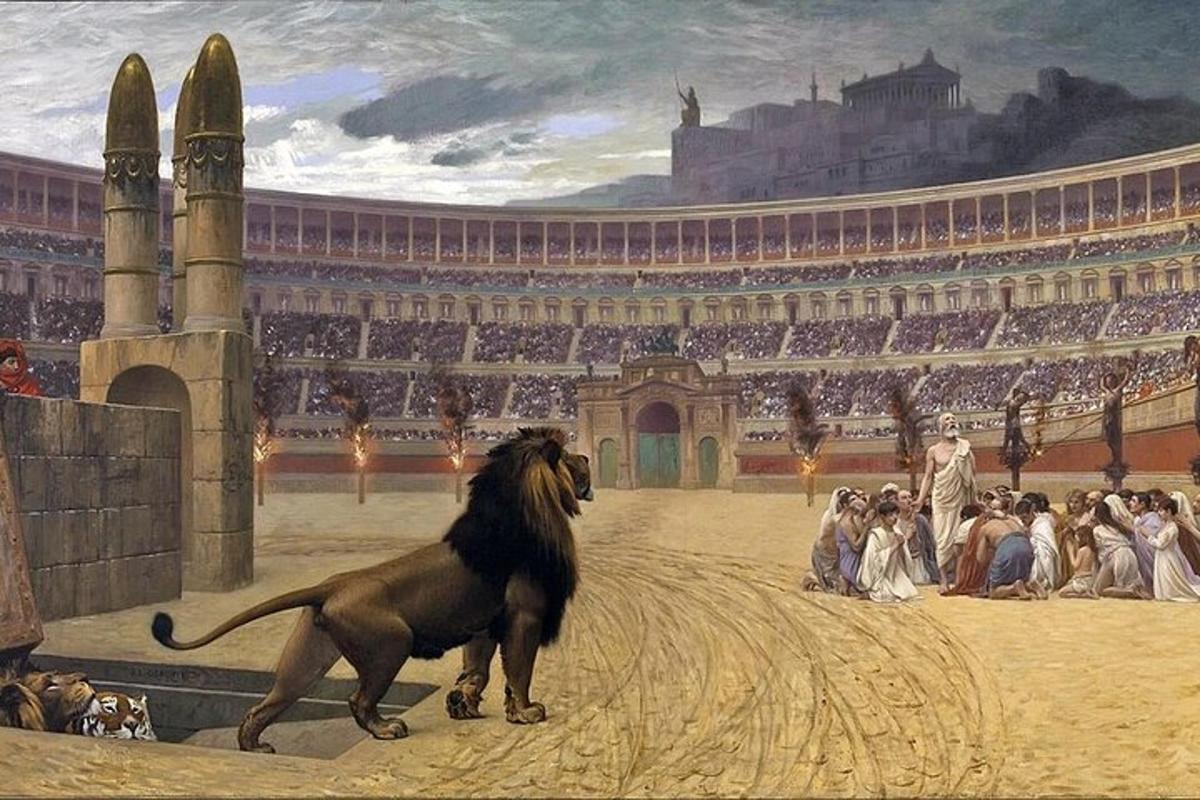a painting of a lion in a large arena