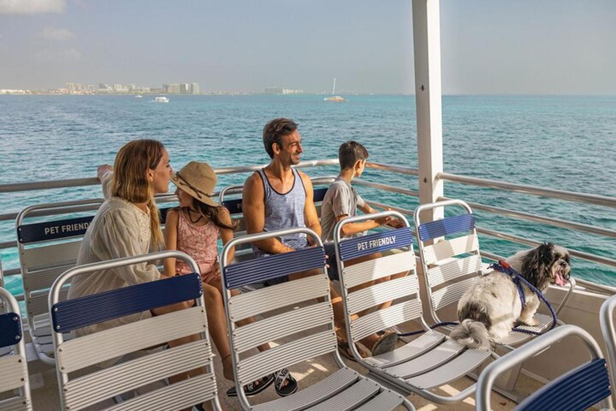 a group of people on a boat with a dog