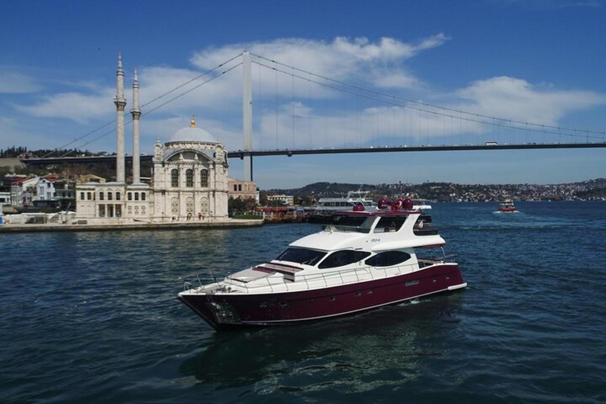 um barco na água com uma ponte ao fundo