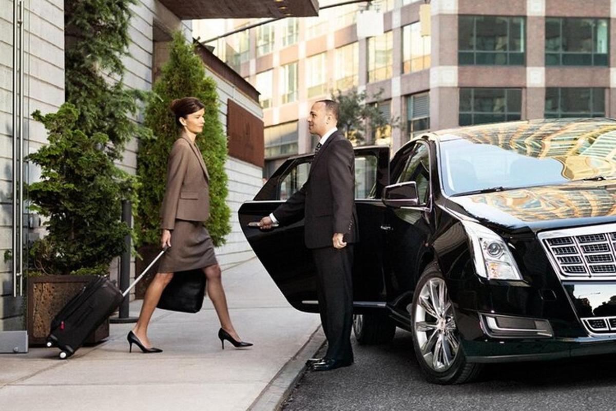 Un hombre y una mujer saliendo de un coche.