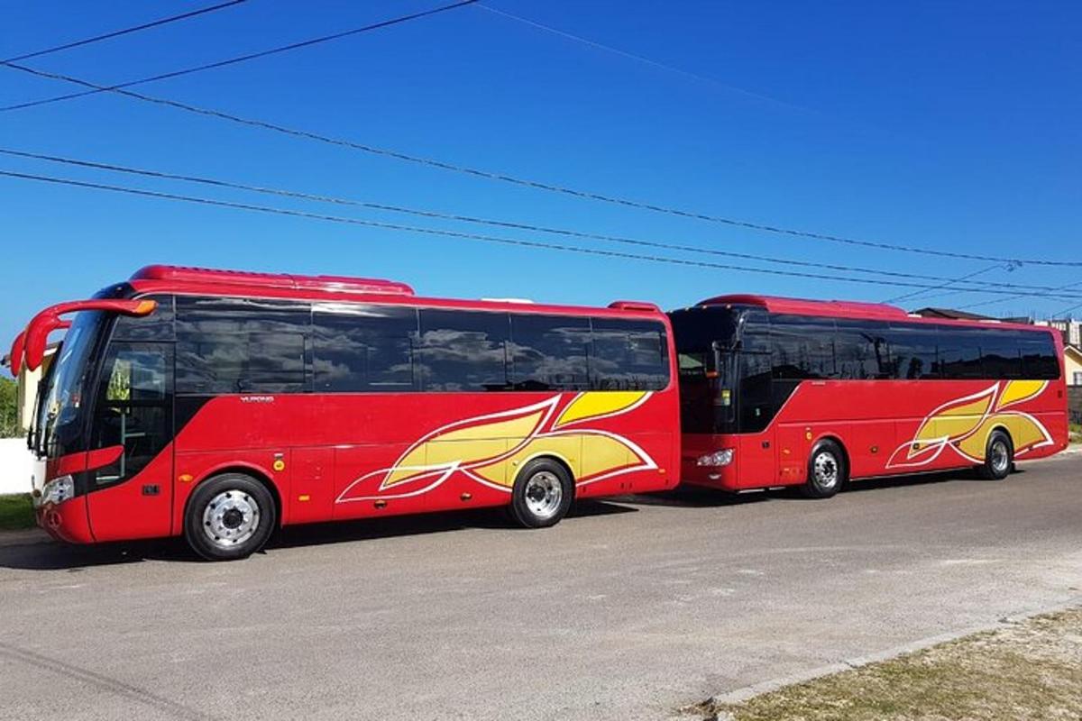 dva rdeča avtobusa parkirana drug poleg drugega na ulici
