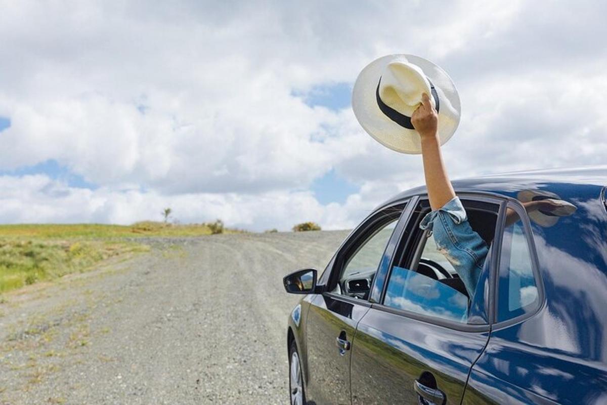 een persoon met een hoed die zijn hoofd uit een auto steekt