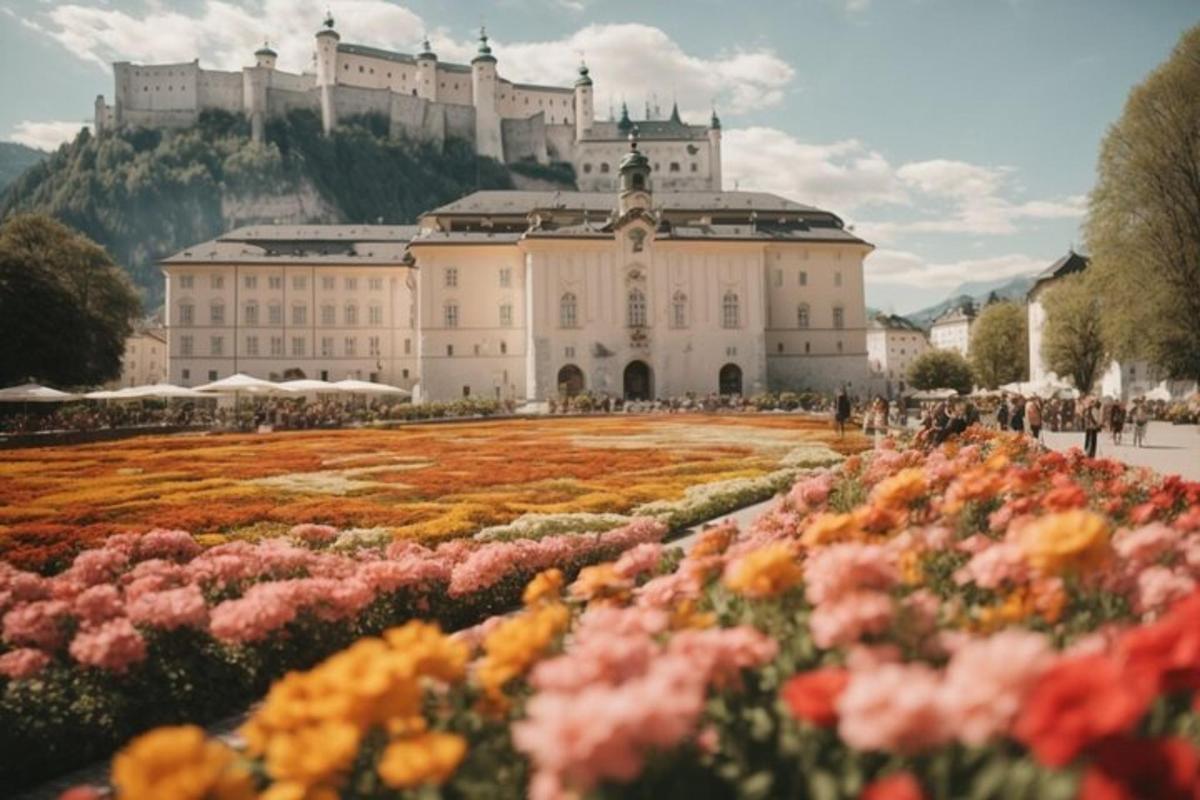 un grande edificio con dei fiori di fronte