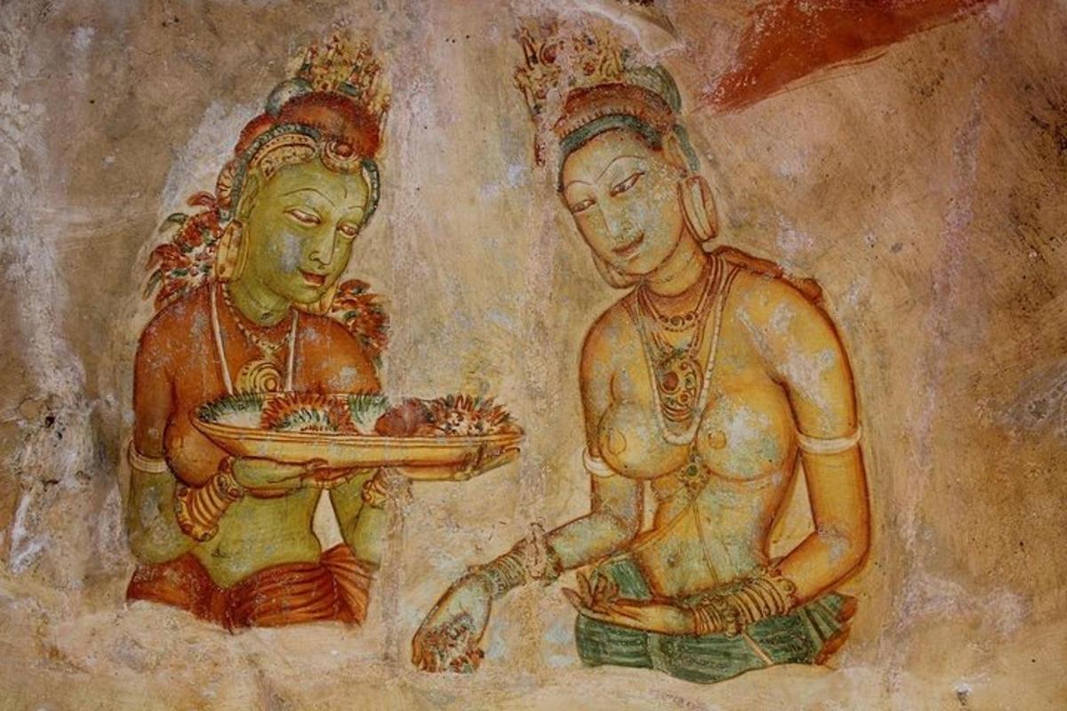 two paintings of two men holding a plate of food