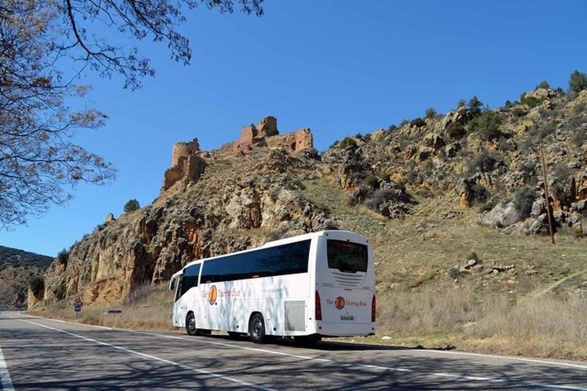 un autobus bianco che percorre una strada vicino a una montagna