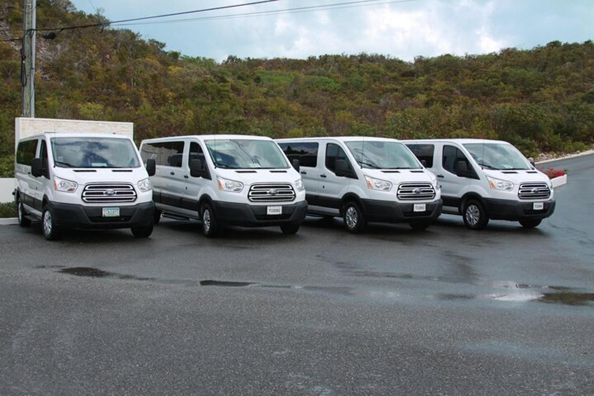bir otoparkta park edilmiş bir sıra beyaz minibüs