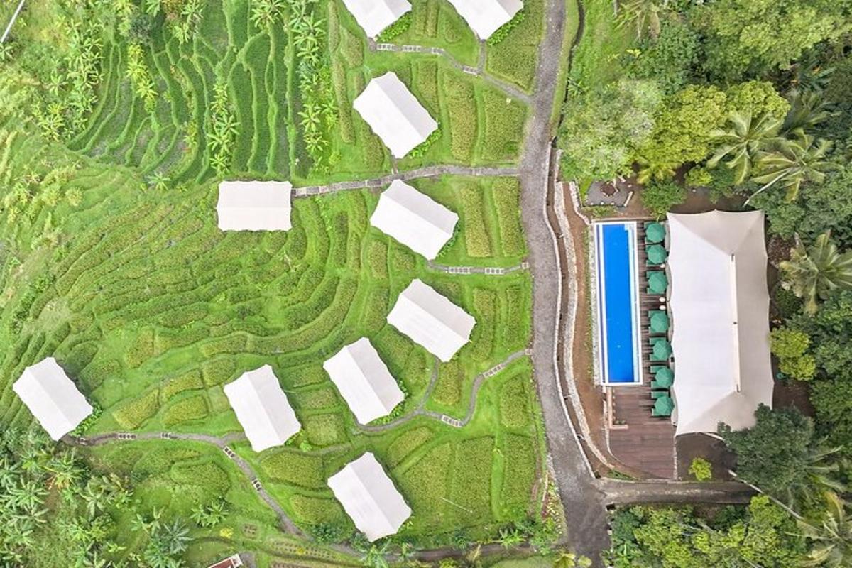 an overhead view of a park with a building