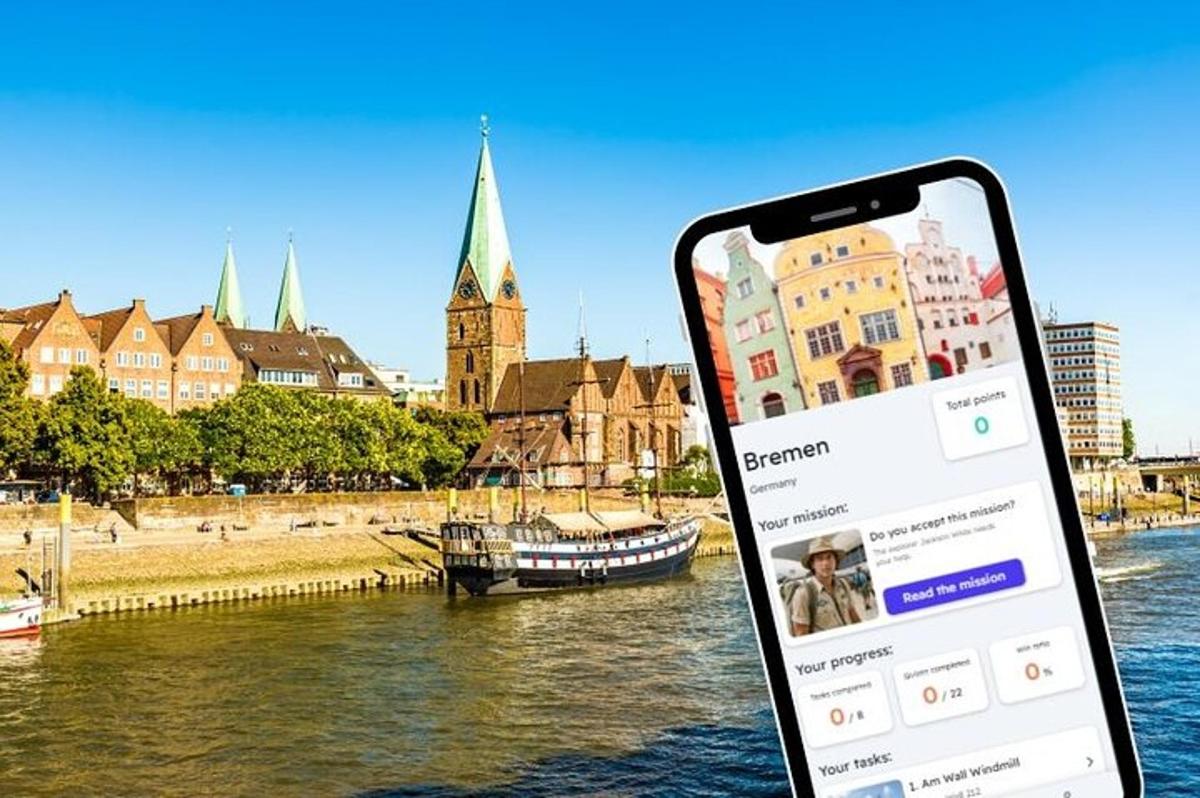 a cell phone in front of a river with a city