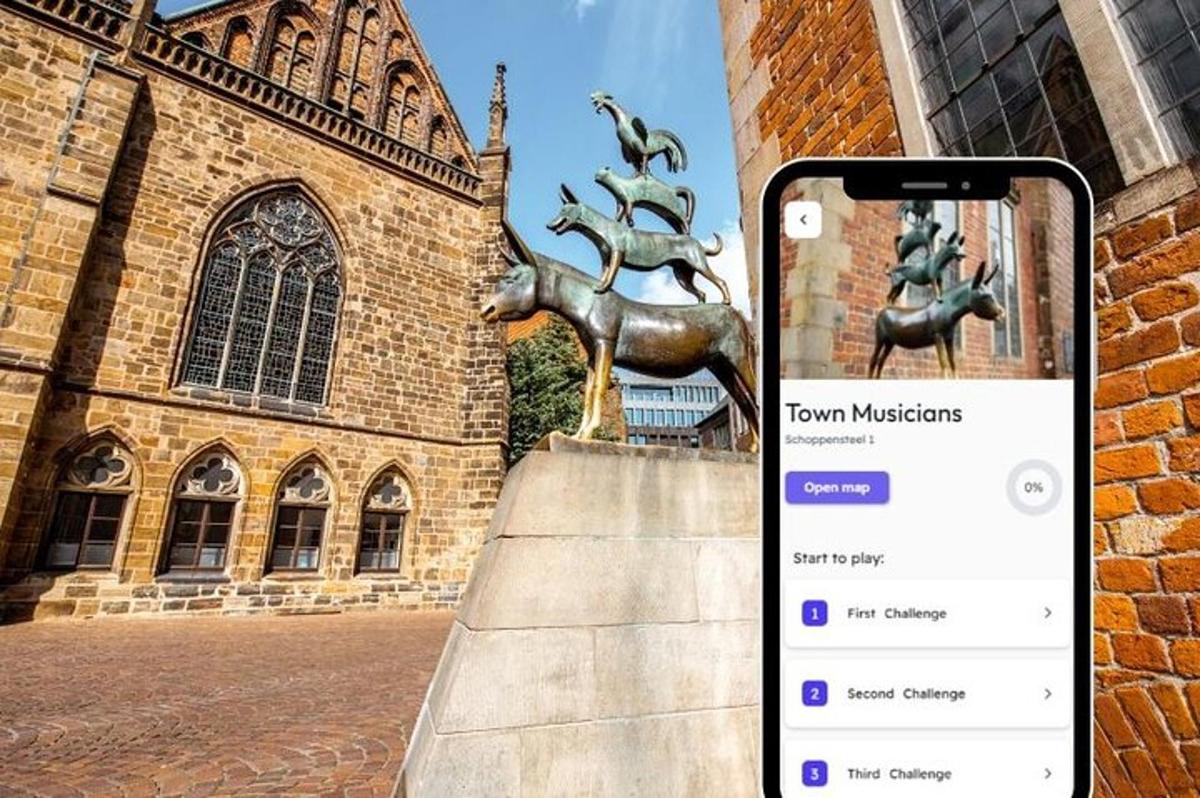 a cell phone in front of a statue in front of a building