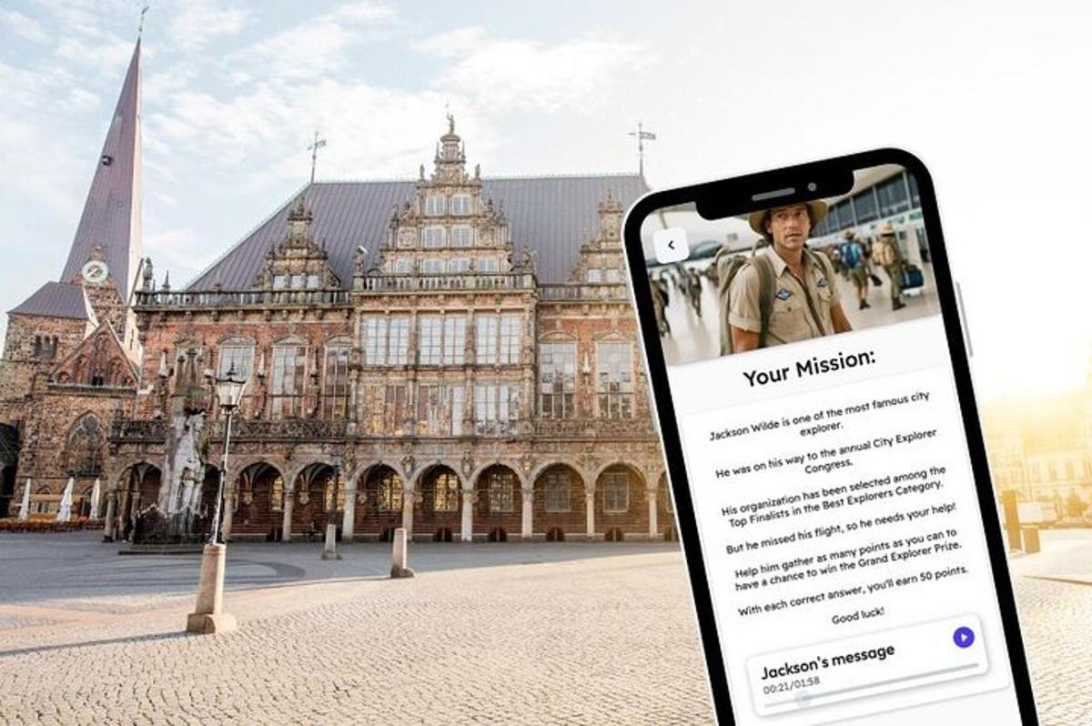 a cell phone in front of a large building