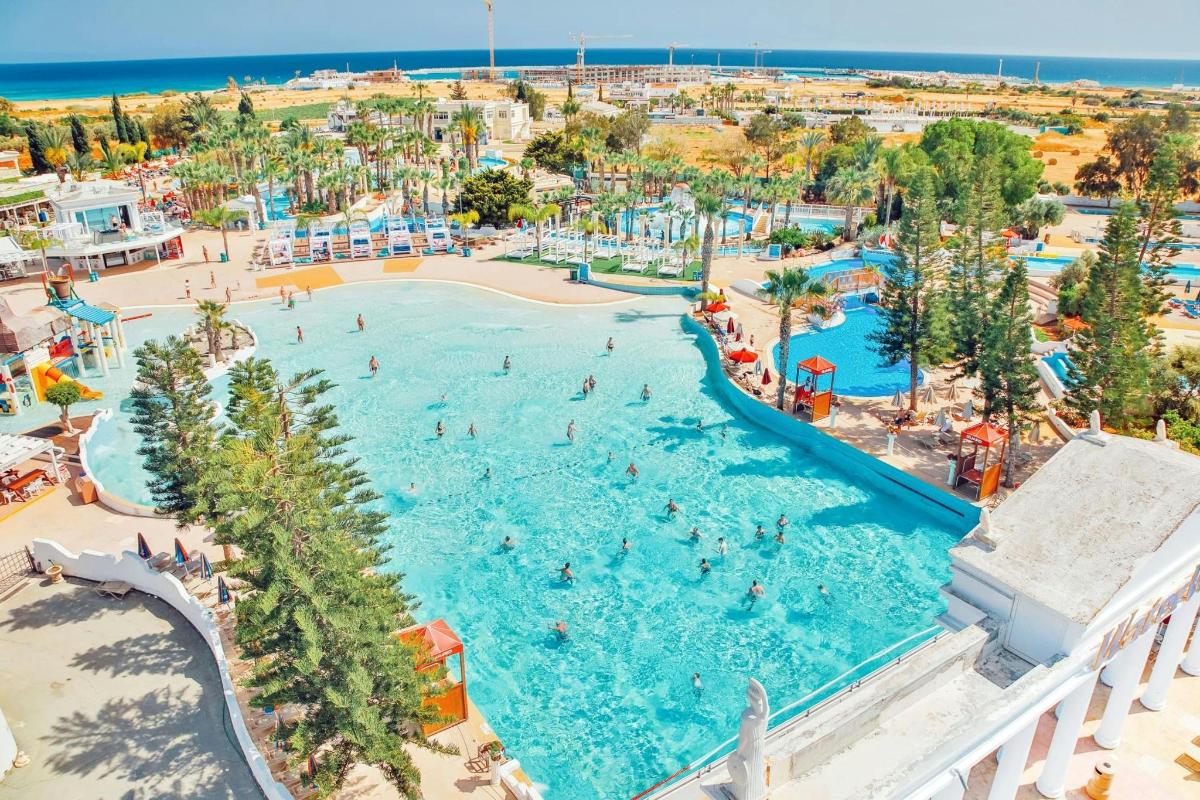 an overhead view of a pool at a water park