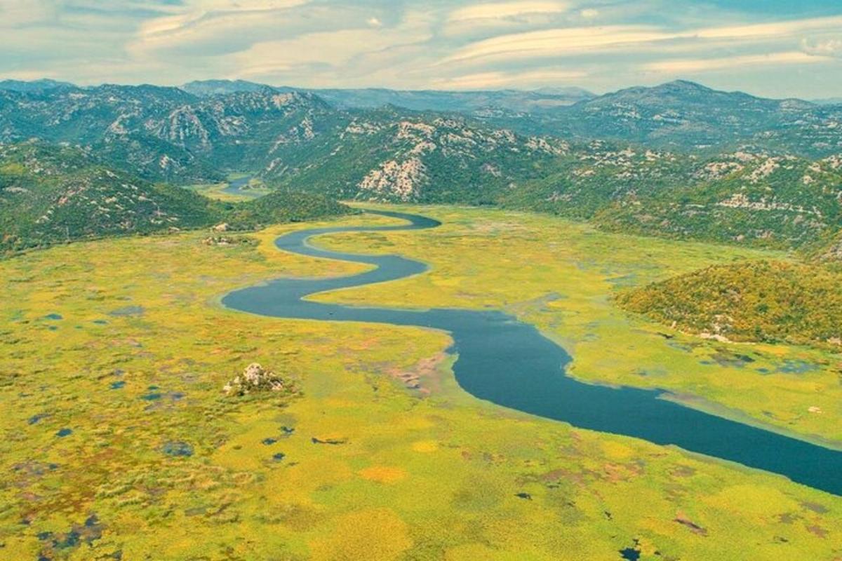 una vista aerea di un fiume in un campo con montagne