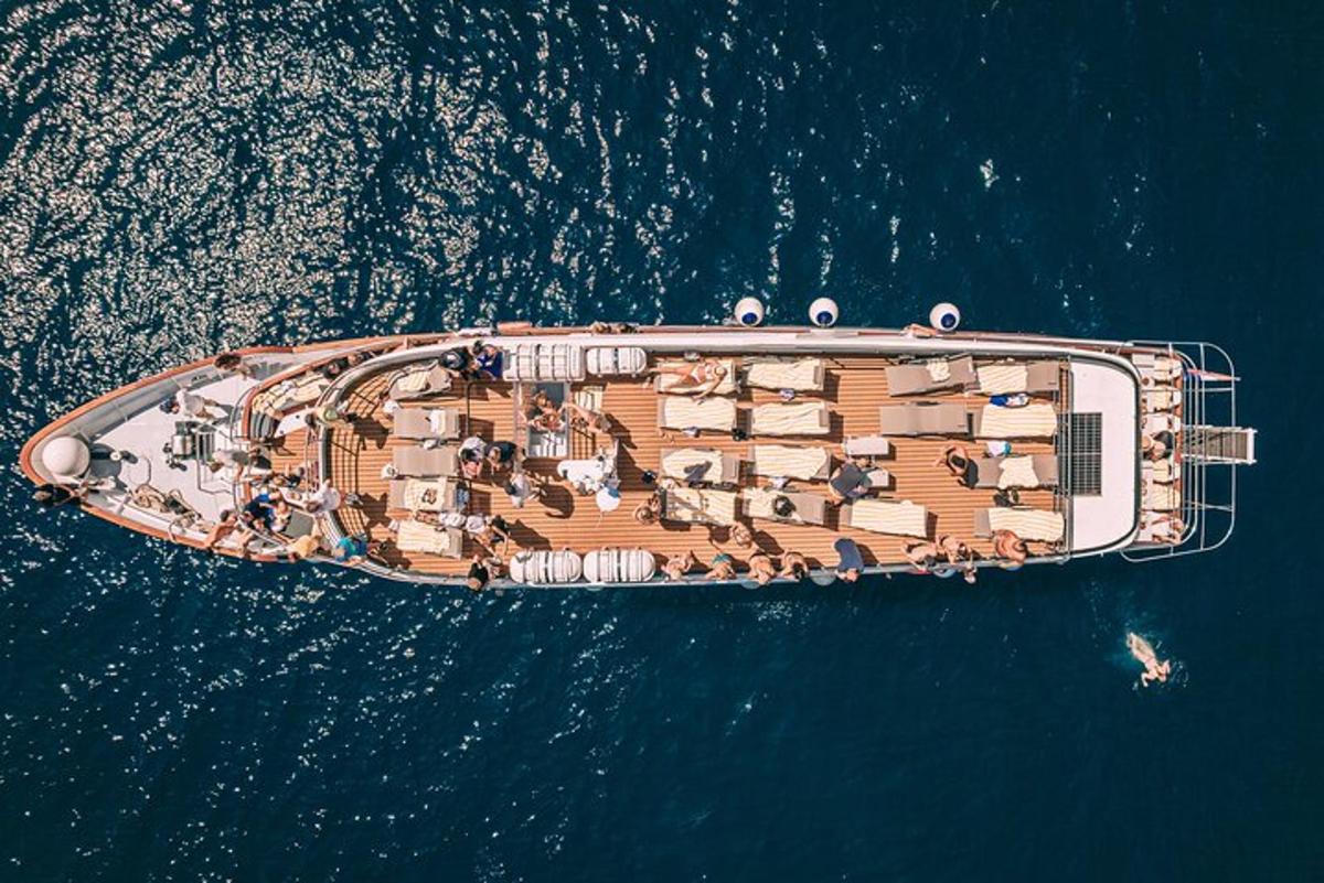 an overhead view of a large boat in the water