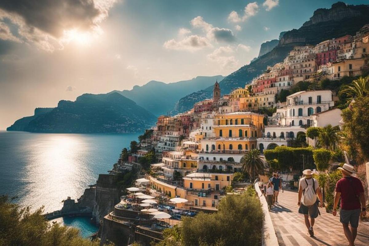 emberek sétálnak az Amalfi-parton a víz közelében