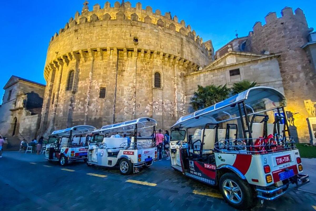 um grupo de ônibus estacionados em frente a um castelo