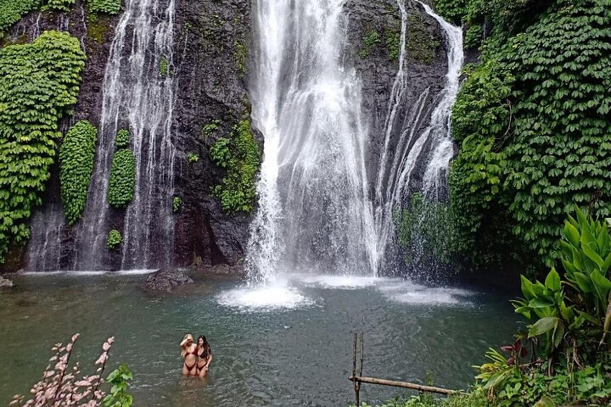 uma cachoeira com pessoas na água em frente a ela
