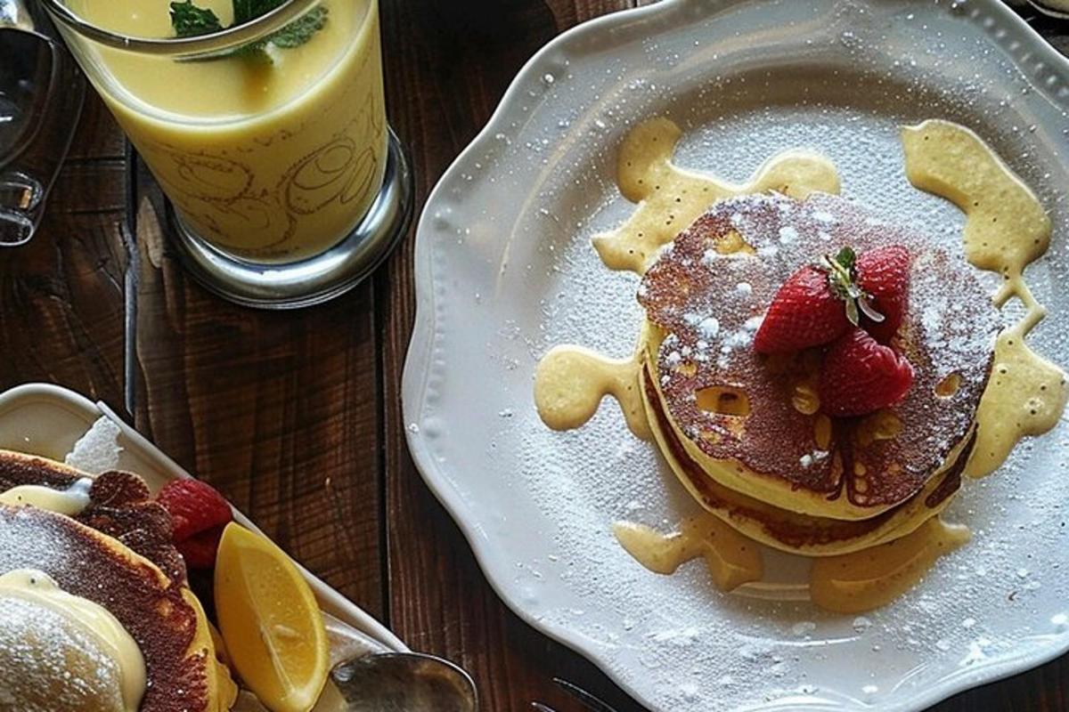 sepinggan penkek dengan strawberi dan minuman