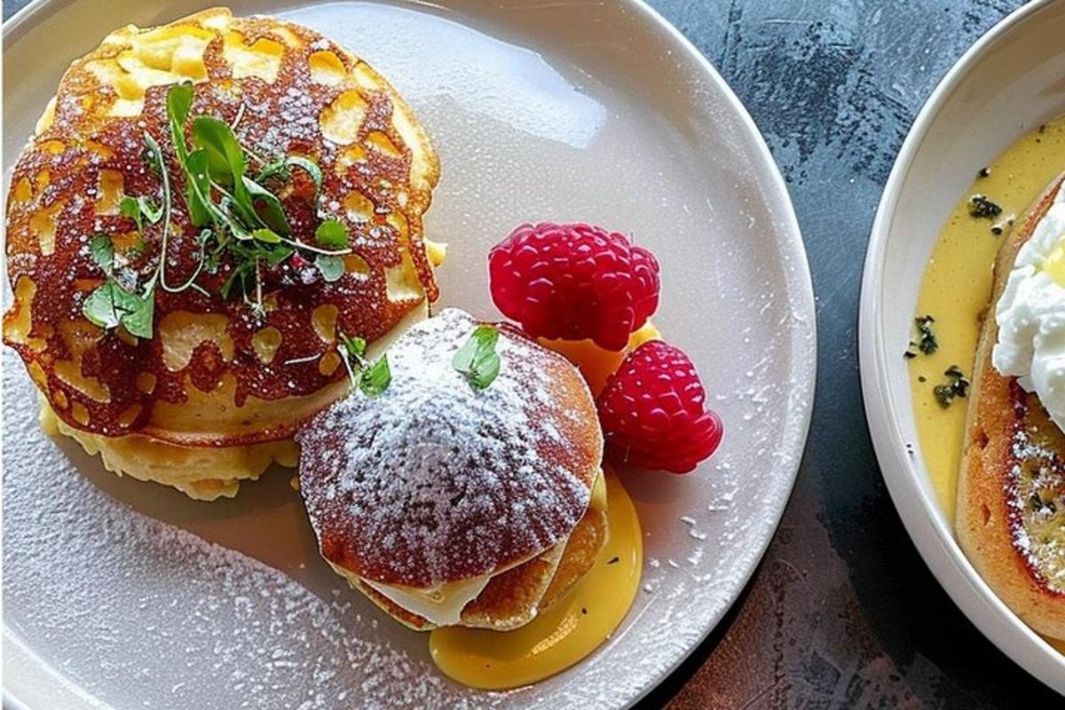 sepinggan penkek dengan strawberi dan gula tepung