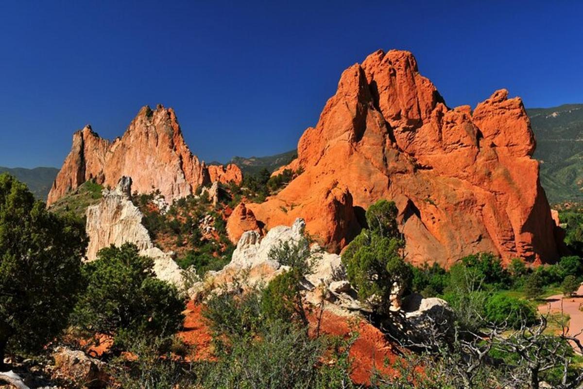 a group of red rocks with trees and bushes