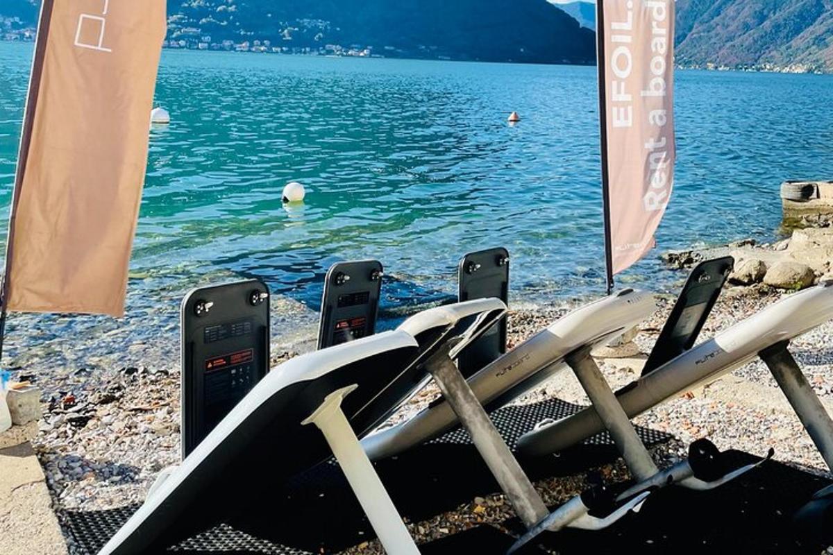 un grupo de tablas de surf en una playa junto a un cuerpo de agua