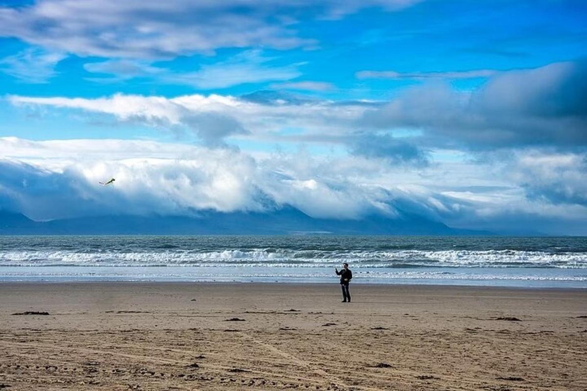 uma pessoa em pé na praia empinando uma pipa