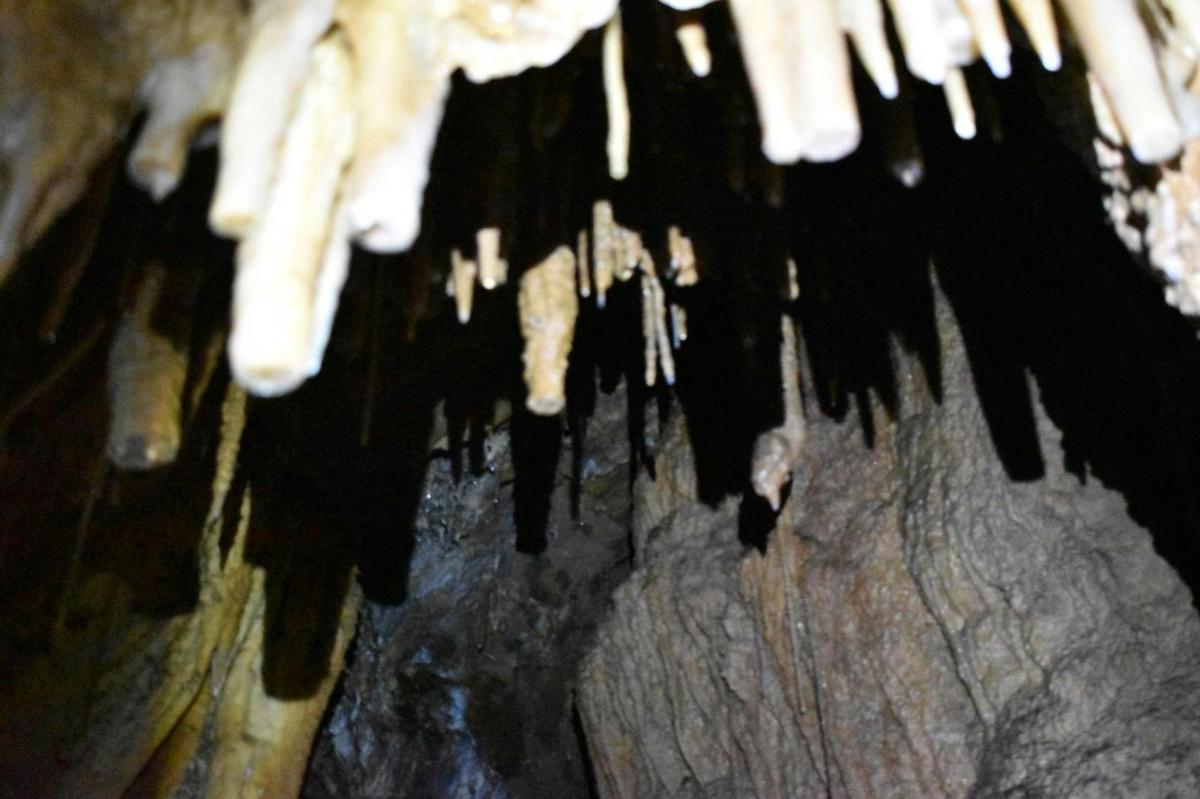 uma caverna com pingentes de gelo pendurados no teto