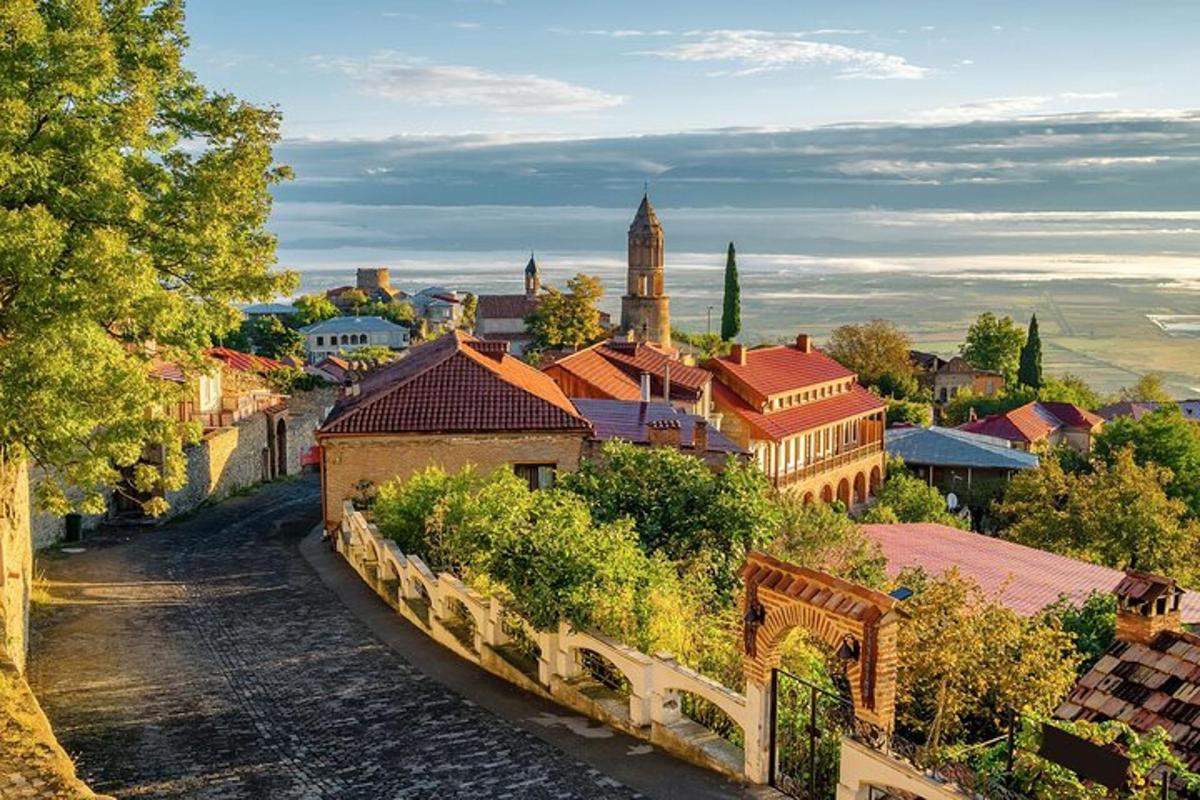 una vista di una città con una torre dell'orologio