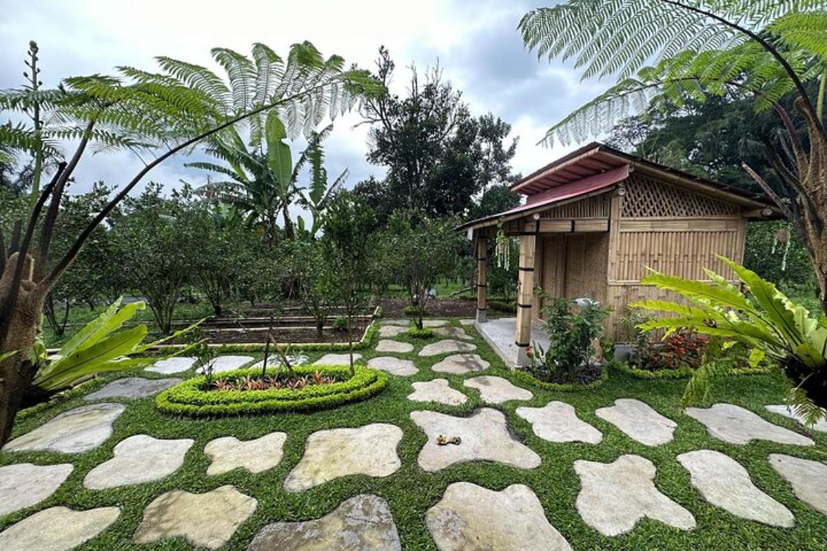 a garden with a stone path and a bench