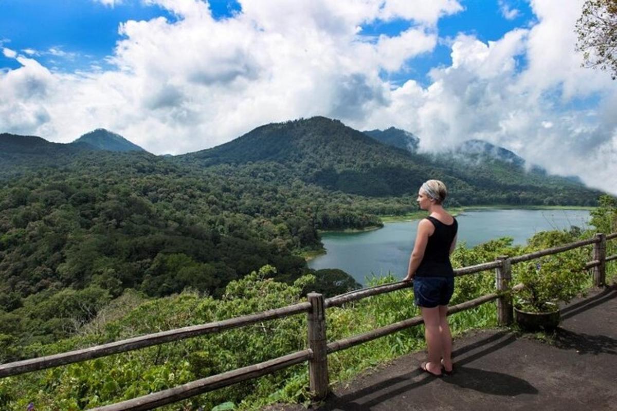 una donna in piedi su una staccionata che guarda verso un lago