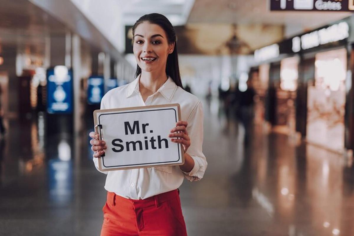 Kona heldur á skilti sem á stendur herra Smith