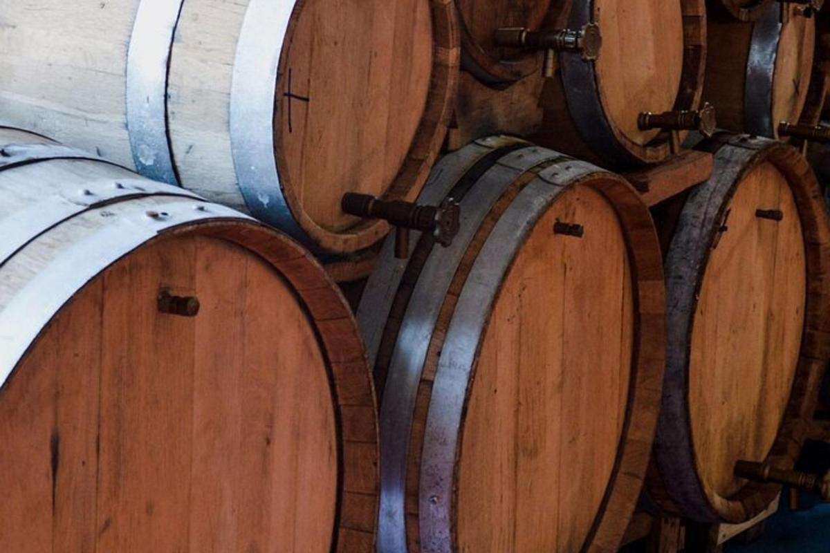 a group of wooden barrels in a room