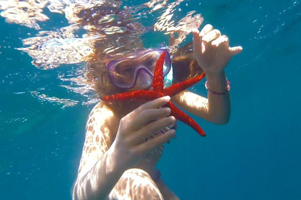 a woman holding a star fish in the water