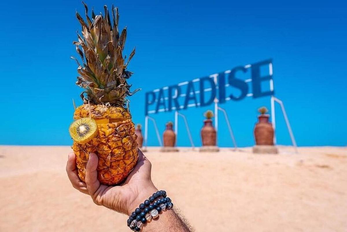 una persona sosteniendo una piña delante de un cartel