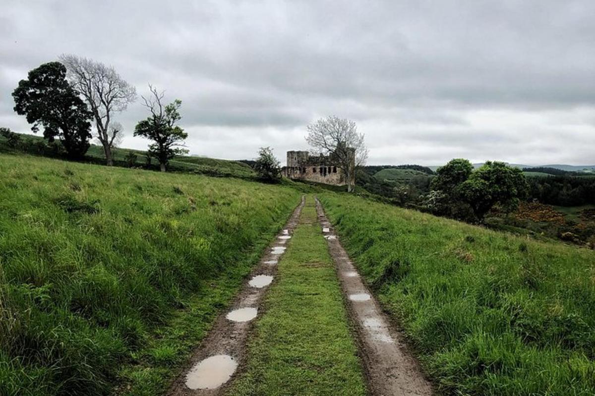 una strada vuota in un campo con un castello sullo sfondo