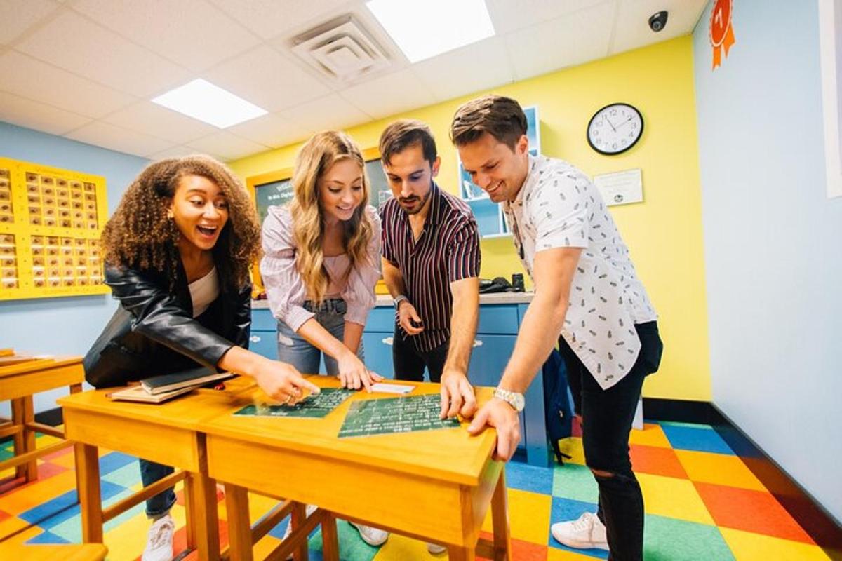 a group of people standing around a table with a computer