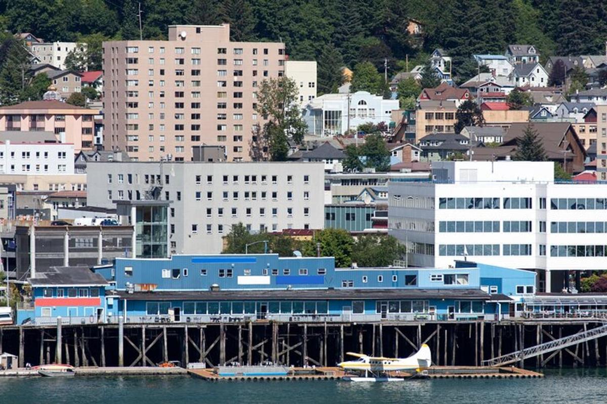 a train on a bridge over the water near a city