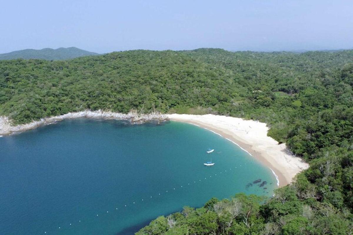 an aerial view of a beach with a boat in the water