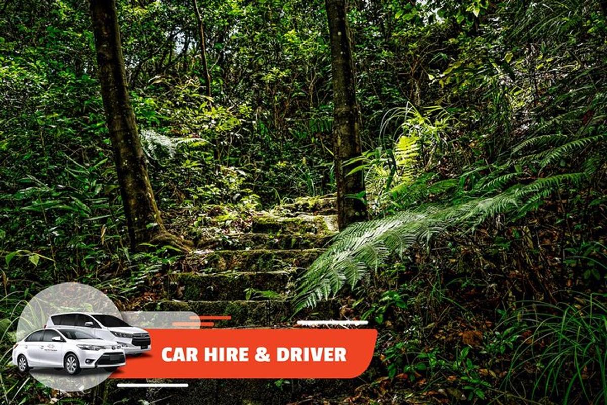 tanda kereta sewa dan pemandu di dalam hutan