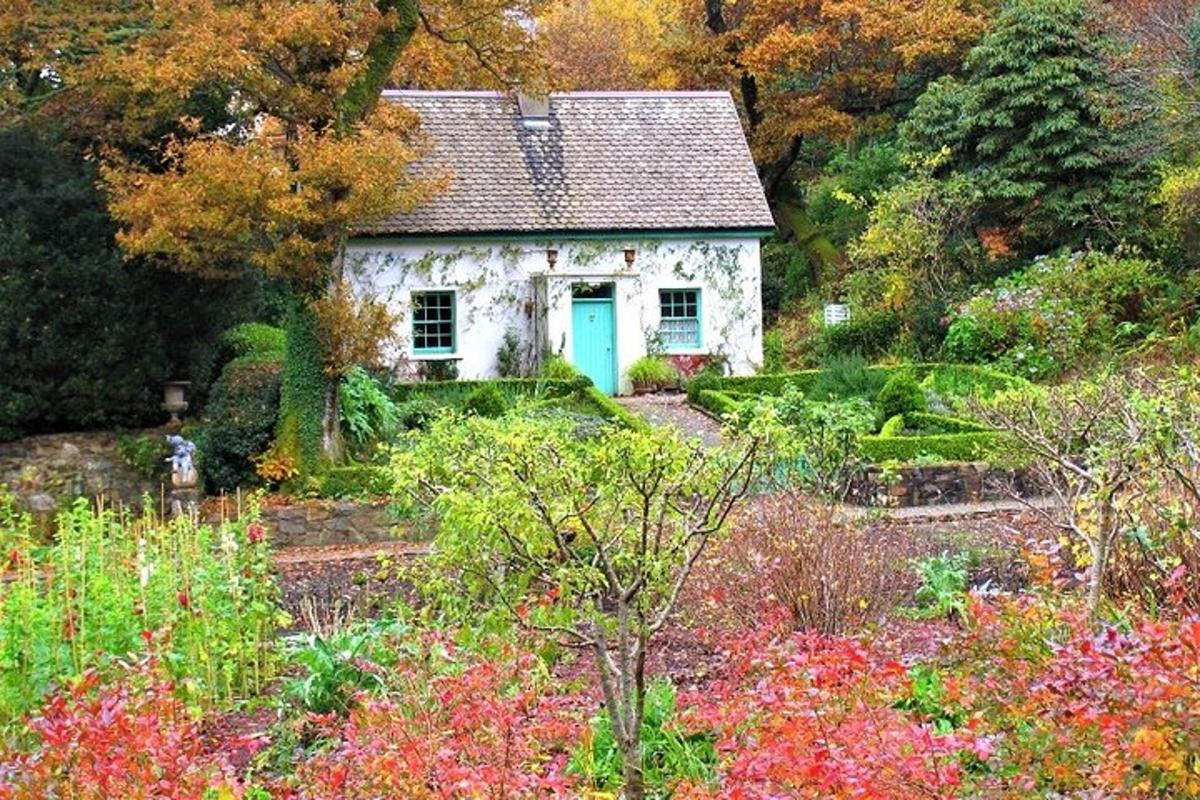 a small house with a blue door in a garden