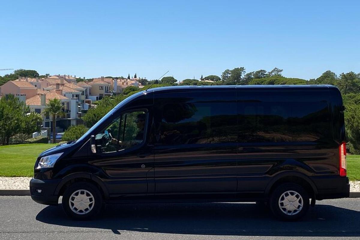 ein schwarzer Lieferwagen auf einem Parkplatz
