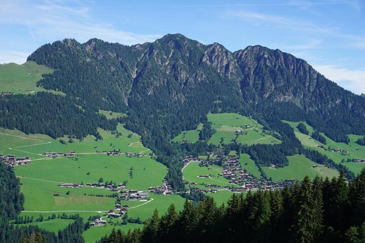 a small town in a green valley with mountains