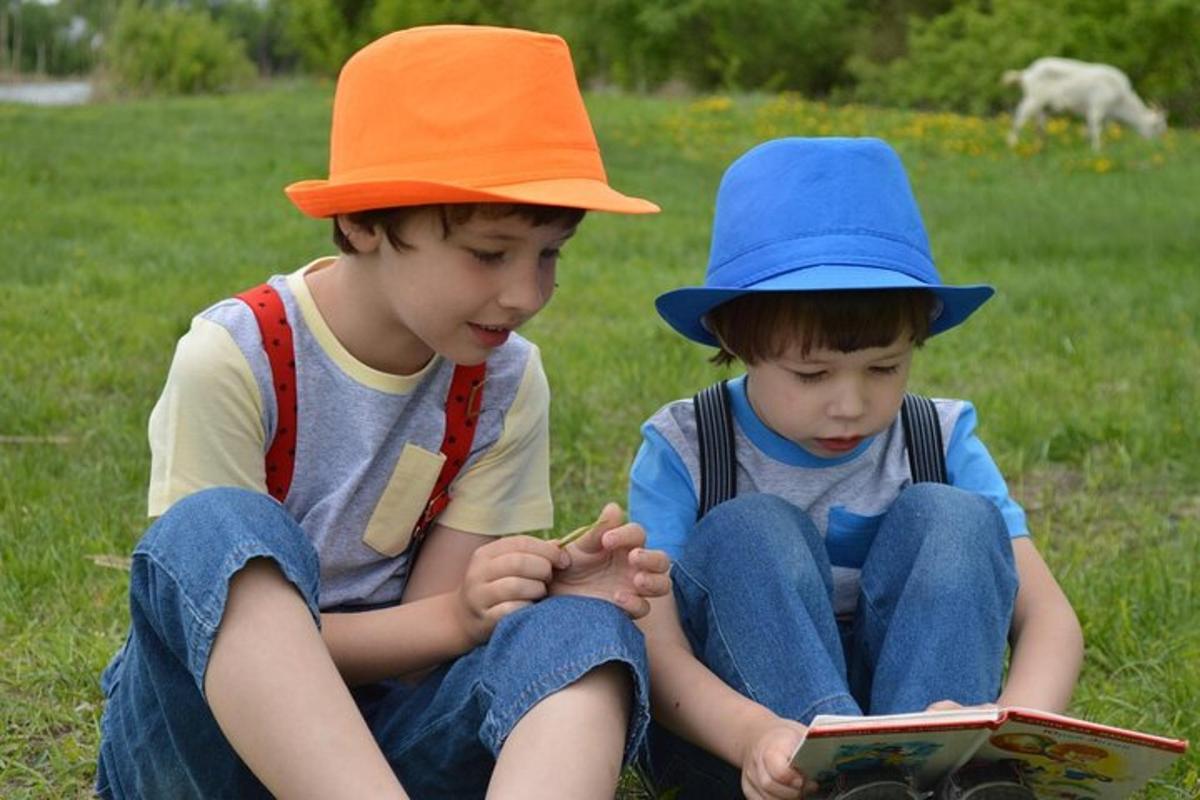 twee jonge jongens zitten op het gras en lezen een boek