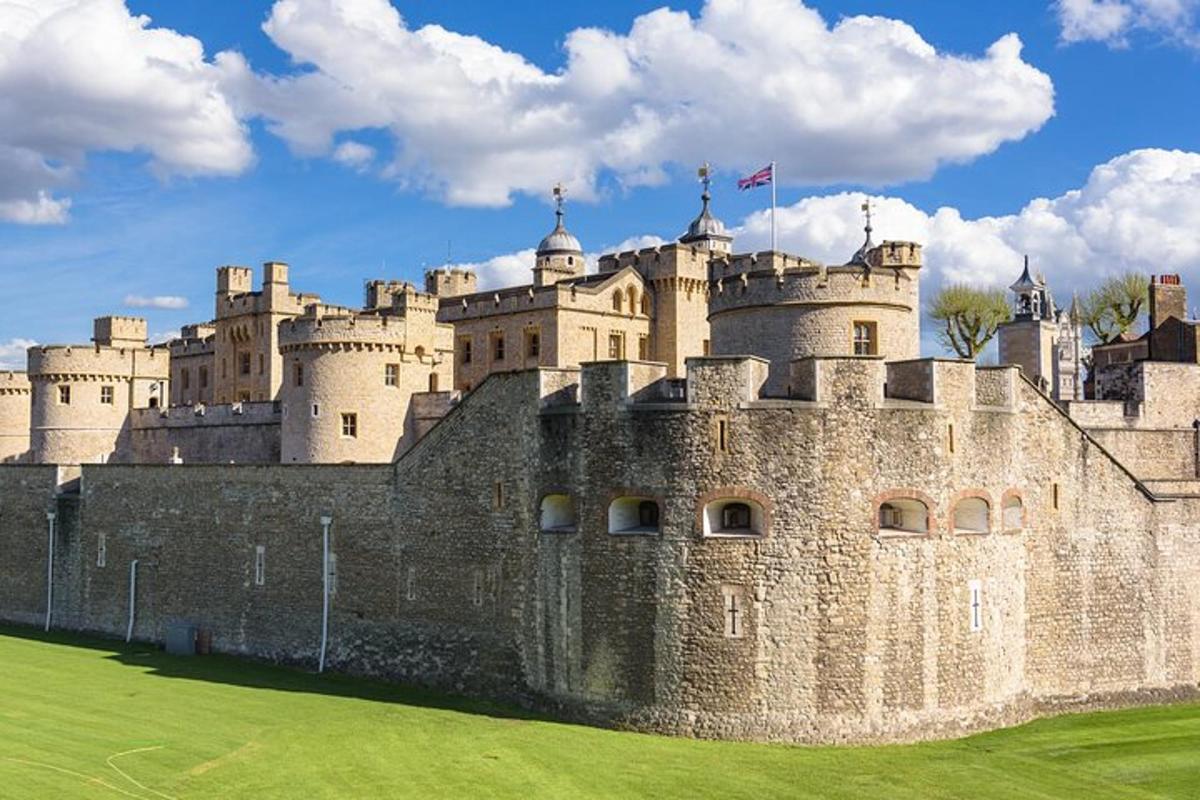 a large castle with a flag on top of it