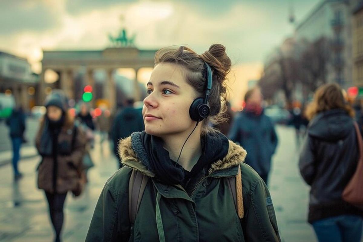 a woman with headphones on a crowd of people