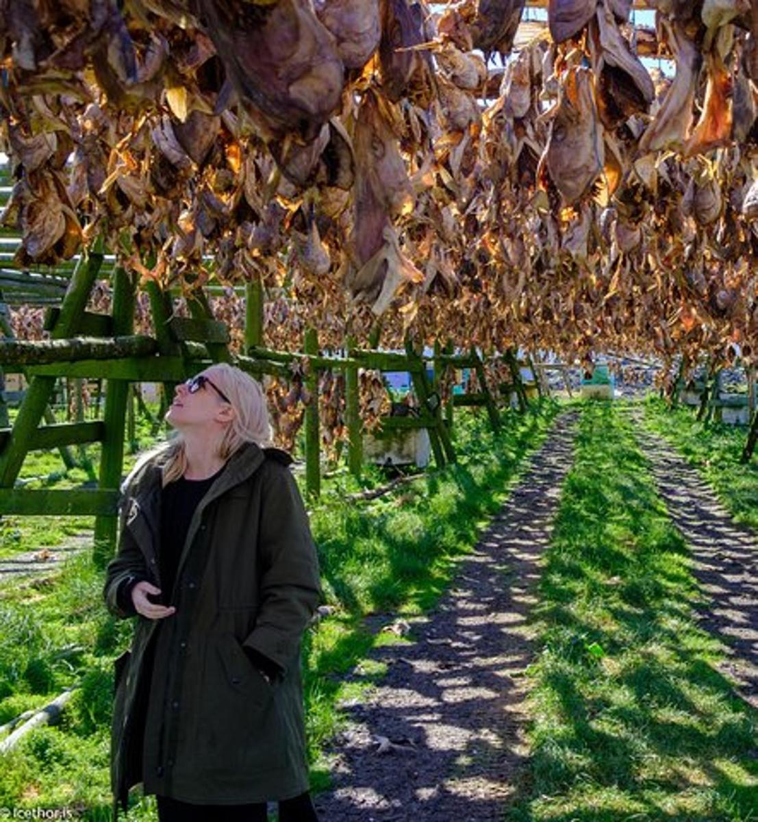 žena stojaca pred radom jedla visiaceho zo stromu